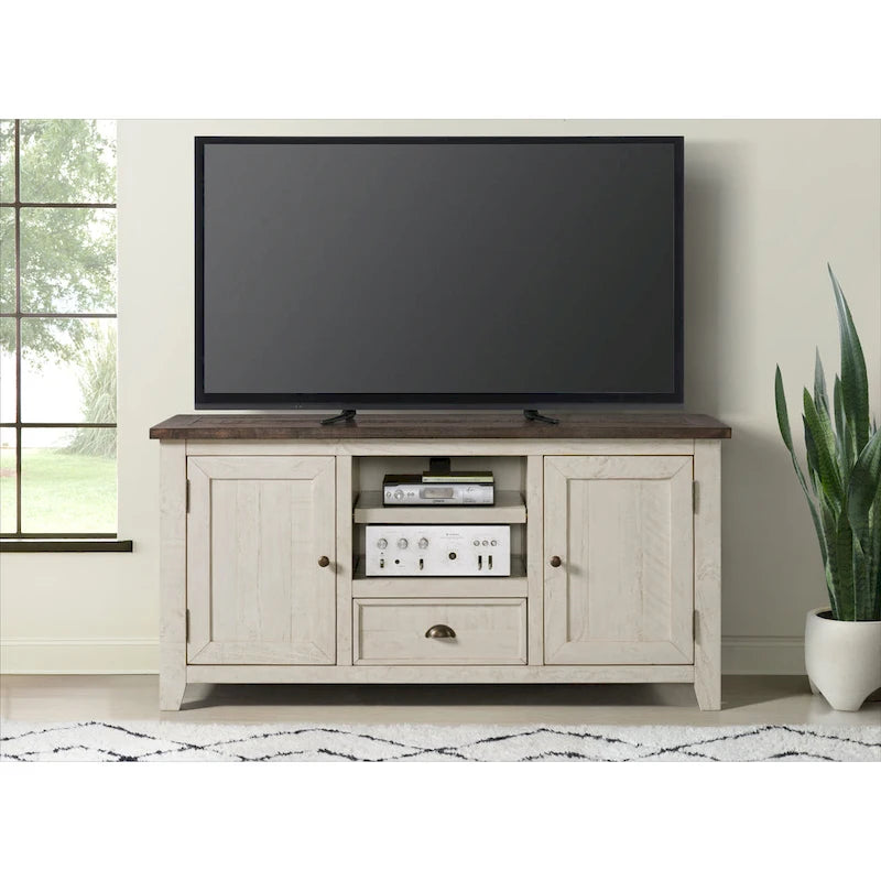 60" Solid Pine TV Stand – White & Grey / Natural / White / Black & Brown / Cream White & Brown, Farmhouse Rustic, Single