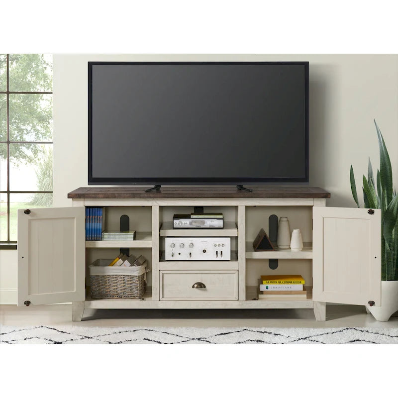 60" Solid Pine TV Stand – White & Grey / Natural / White / Black & Brown / Cream White & Brown, Farmhouse Rustic, Single