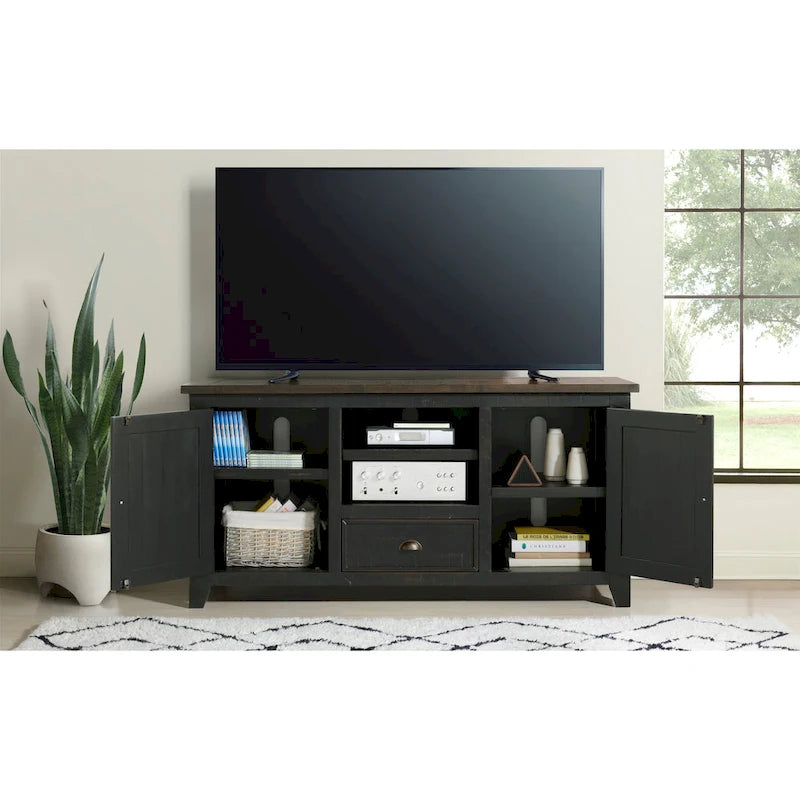 60" Solid Pine TV Stand – White & Grey / Natural / White / Black & Brown / Cream White & Brown, Farmhouse Rustic, Single