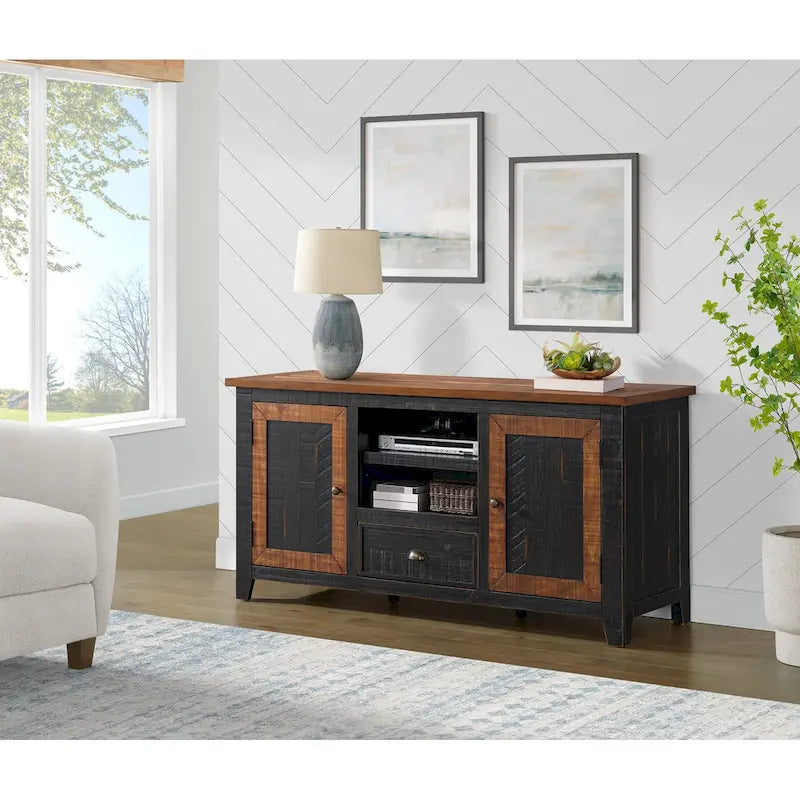 60" Solid Pine TV Stand – White & Grey / Natural / White / Black & Brown / Cream White & Brown, Farmhouse Rustic, Single