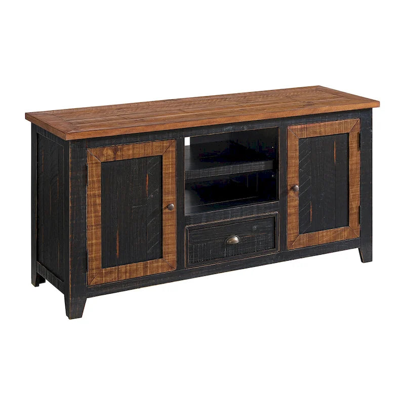 60" Solid Pine TV Stand – White & Grey / Natural / White / Black & Brown / Cream White & Brown, Farmhouse Rustic, Single