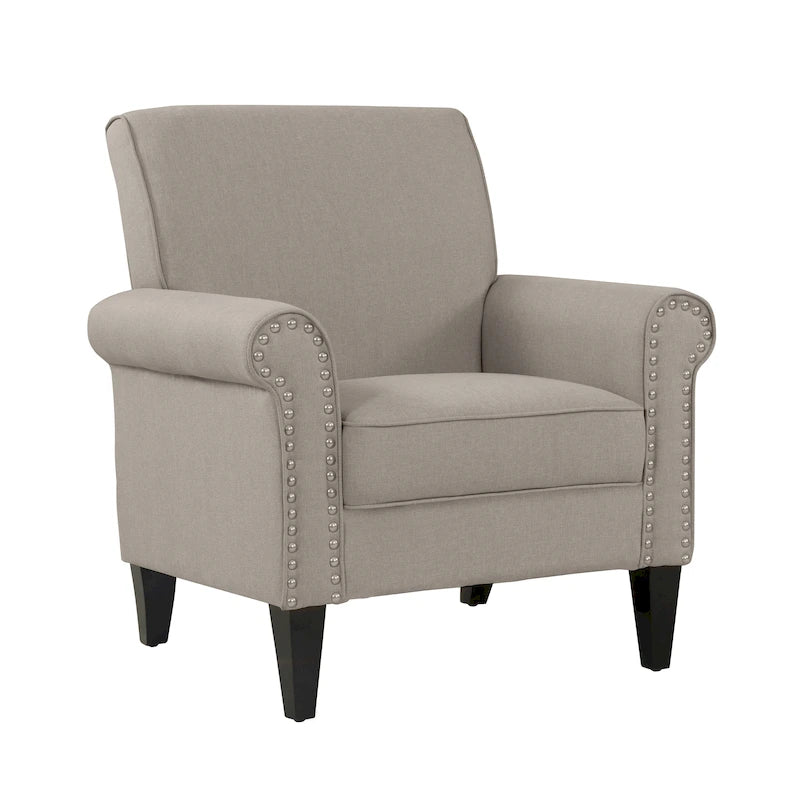 Transitional Upholstered Arm Chair – Taupe-Grey / Caribbean Blue / Charcoal Grey, Nail Head Trim, Single