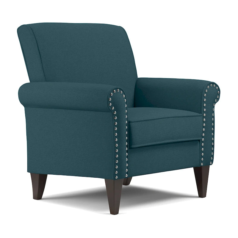 Transitional Upholstered Arm Chair – Taupe-Grey / Caribbean Blue / Charcoal Grey, Nail Head Trim, Single