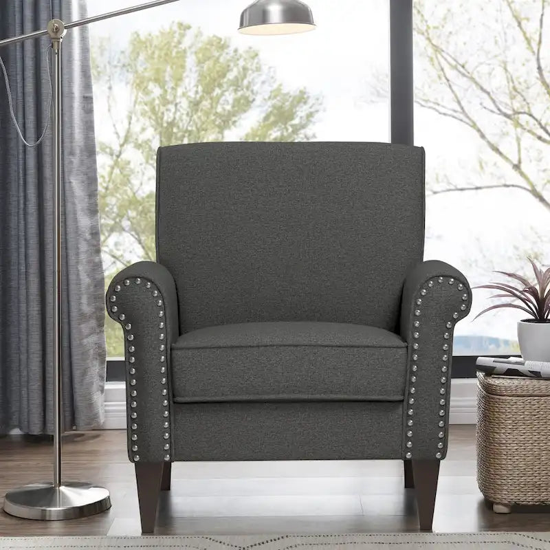 Transitional Upholstered Arm Chair – Taupe-Grey / Caribbean Blue / Charcoal Grey, Nail Head Trim, Single