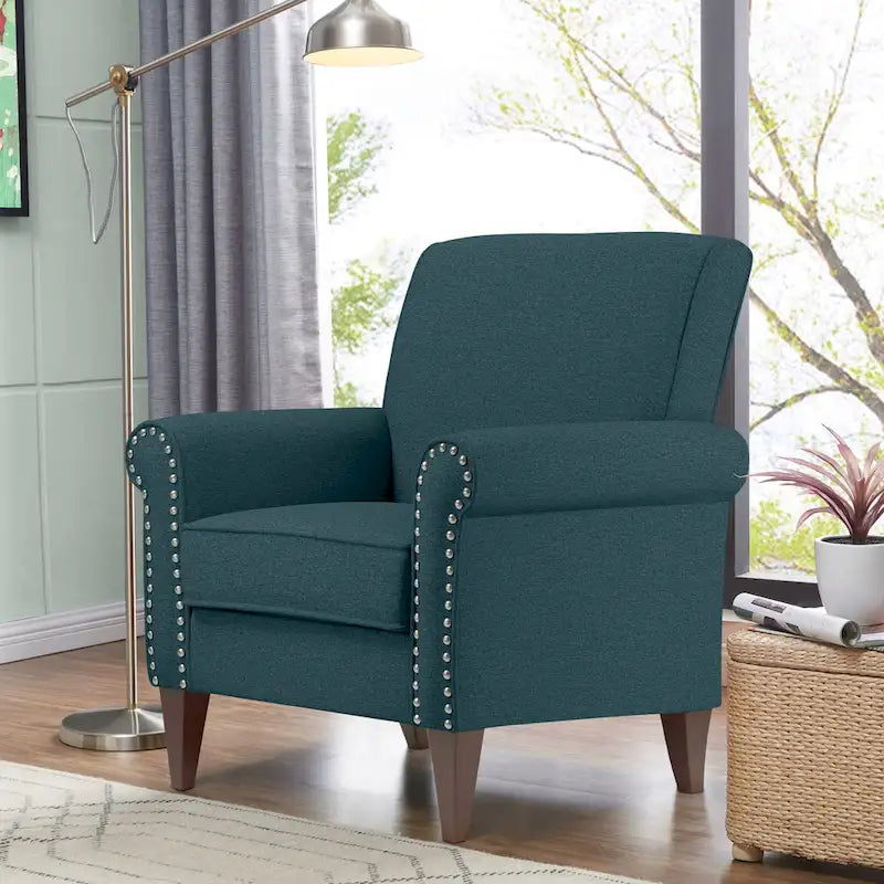 Transitional Upholstered Arm Chair – Taupe-Grey / Caribbean Blue / Charcoal Grey, Nail Head Trim, Single