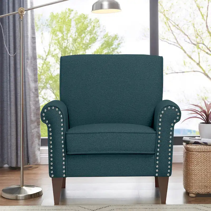 Transitional Upholstered Arm Chair – Taupe-Grey / Caribbean Blue / Charcoal Grey, Nail Head Trim, Single