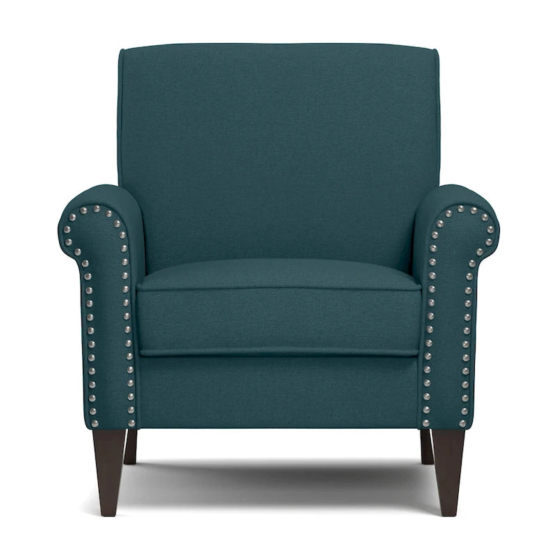 Transitional Upholstered Arm Chair – Taupe-Grey / Caribbean Blue / Charcoal Grey, Nail Head Trim, Single