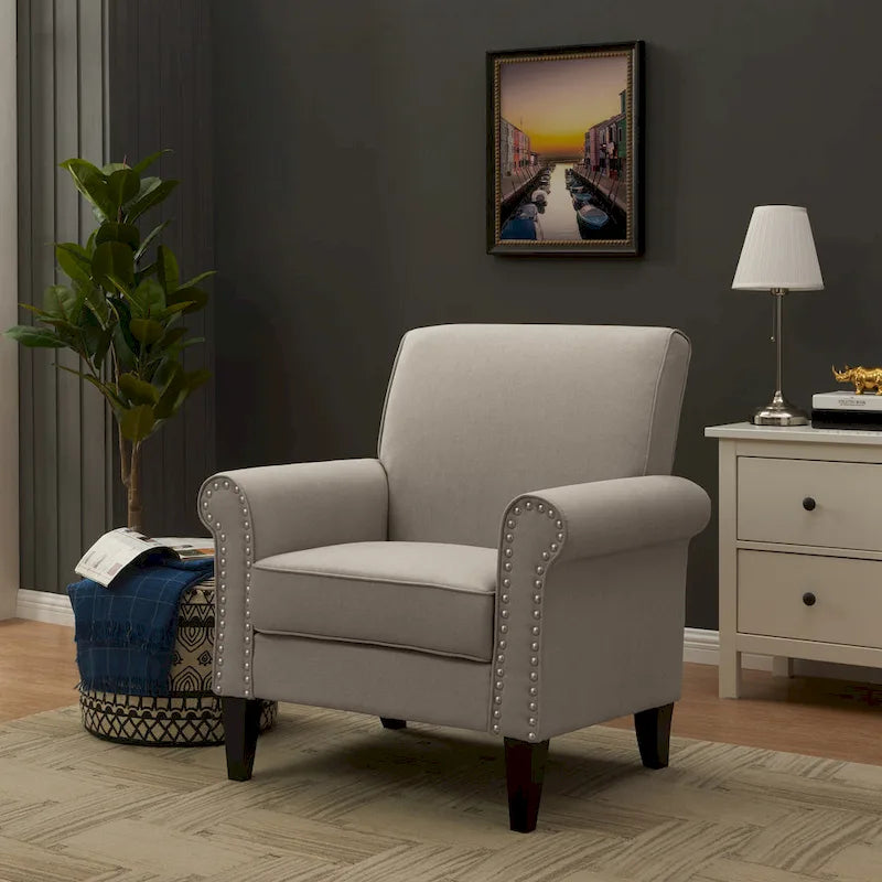 Transitional Upholstered Arm Chair – Taupe-Grey / Caribbean Blue / Charcoal Grey, Nail Head Trim, Single
