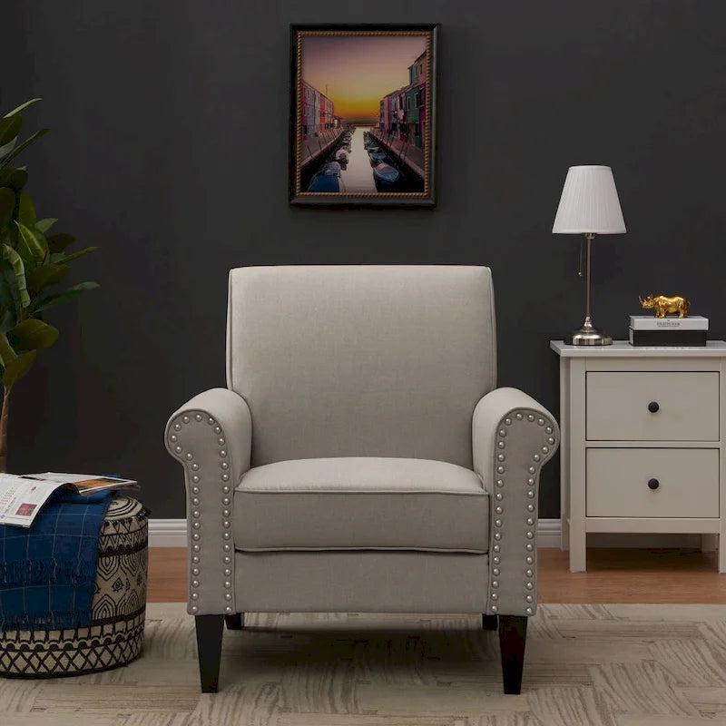 Transitional Upholstered Arm Chair – Taupe-Grey / Caribbean Blue / Charcoal Grey, Nail Head Trim, Single