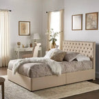 Storage Platform Bed with Tufted Linen Headboard – Beige, Bronze Nailhead Trim, Full / Queen / King