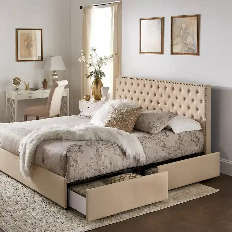 Storage Platform Bed with Tufted Linen Headboard – Beige, Bronze Nailhead Trim, Full / Queen / King