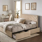 Storage Platform Bed with Tufted Linen Headboard – Beige, Bronze Nailhead Trim, Full / Queen / King