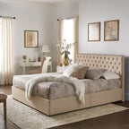 Storage Platform Bed with Tufted Linen Headboard – Beige, Bronze Nailhead Trim, Full / Queen / King