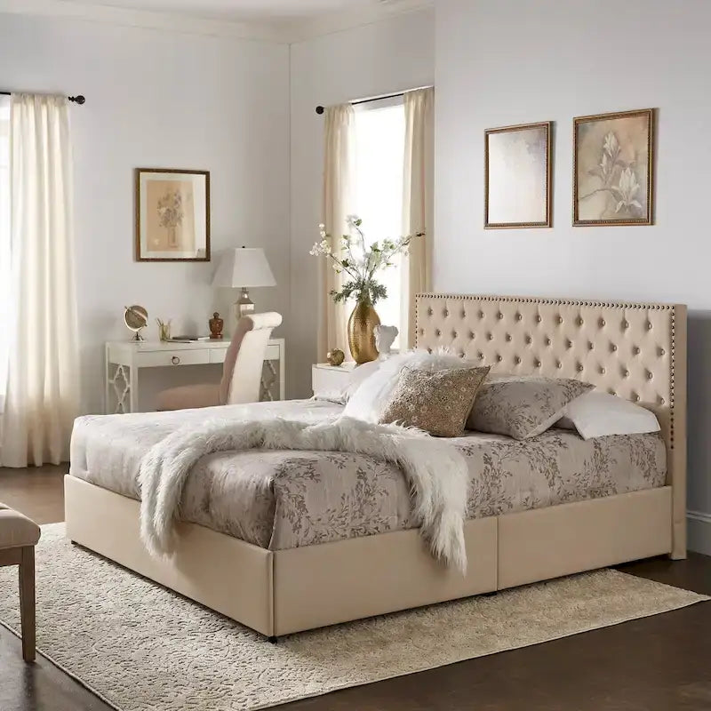 Storage Platform Bed with Tufted Linen Headboard – Beige, Bronze Nailhead Trim, Full / Queen / King