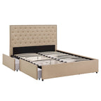 Storage Platform Bed with Tufted Linen Headboard – Beige, Bronze Nailhead Trim, Full / Queen / King