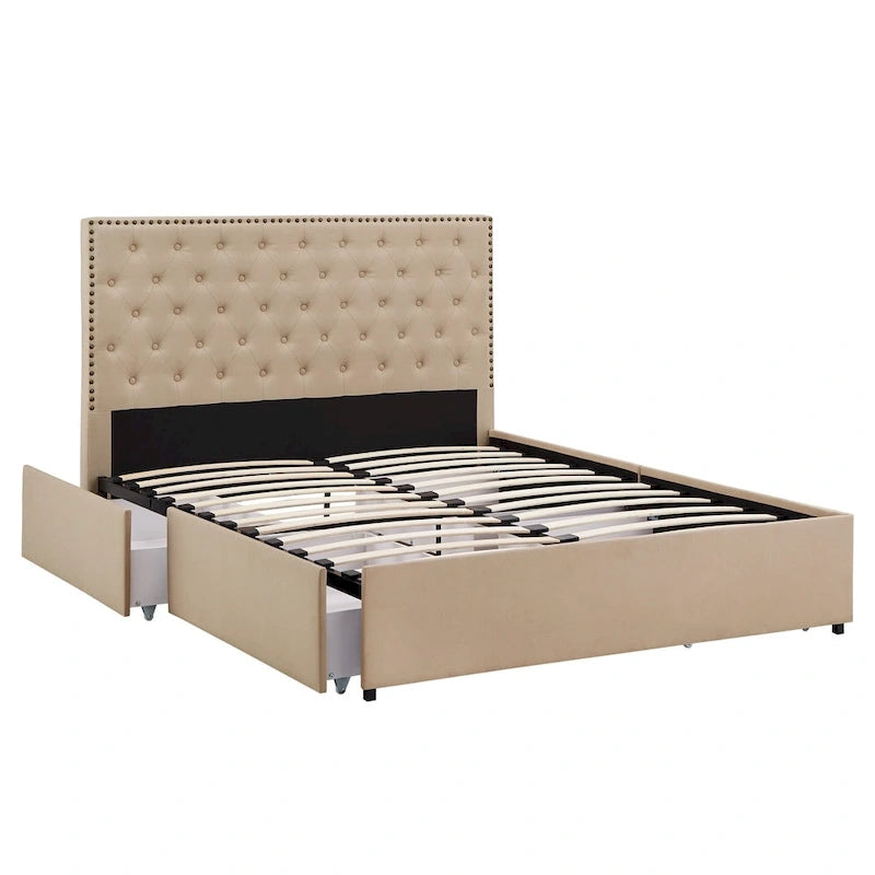 Storage Platform Bed with Tufted Linen Headboard – Beige, Bronze Nailhead Trim, Full / Queen / King