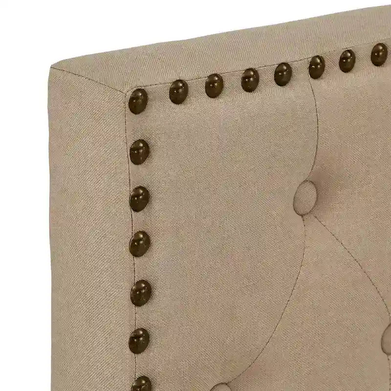 Storage Platform Bed with Tufted Linen Headboard – Beige, Bronze Nailhead Trim, Full / Queen / King