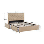 Storage Platform Bed with Tufted Linen Headboard – Beige, Bronze Nailhead Trim, Full / Queen / King