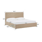Storage Platform Bed with Tufted Linen Headboard – Beige, Bronze Nailhead Trim, Full / Queen / King