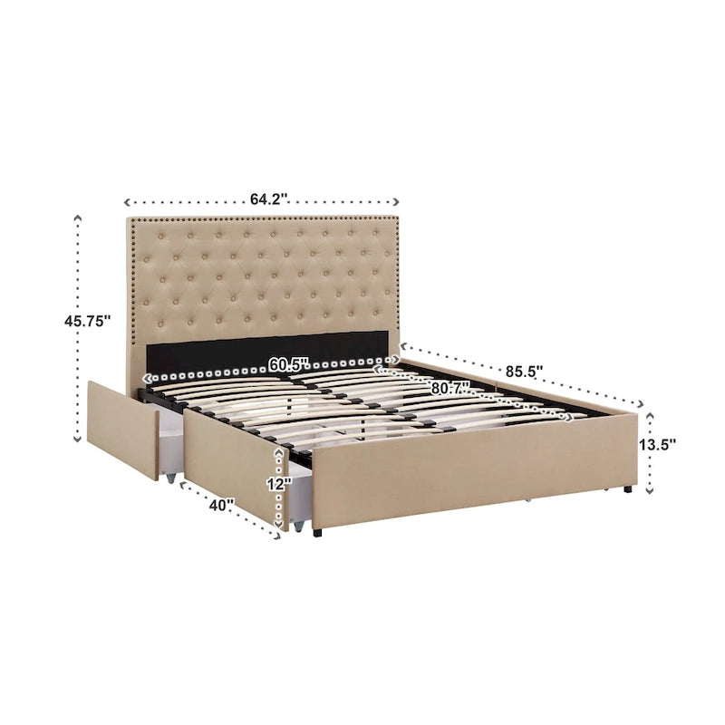 Storage Platform Bed with Tufted Linen Headboard – Beige, Bronze Nailhead Trim, Full / Queen / King