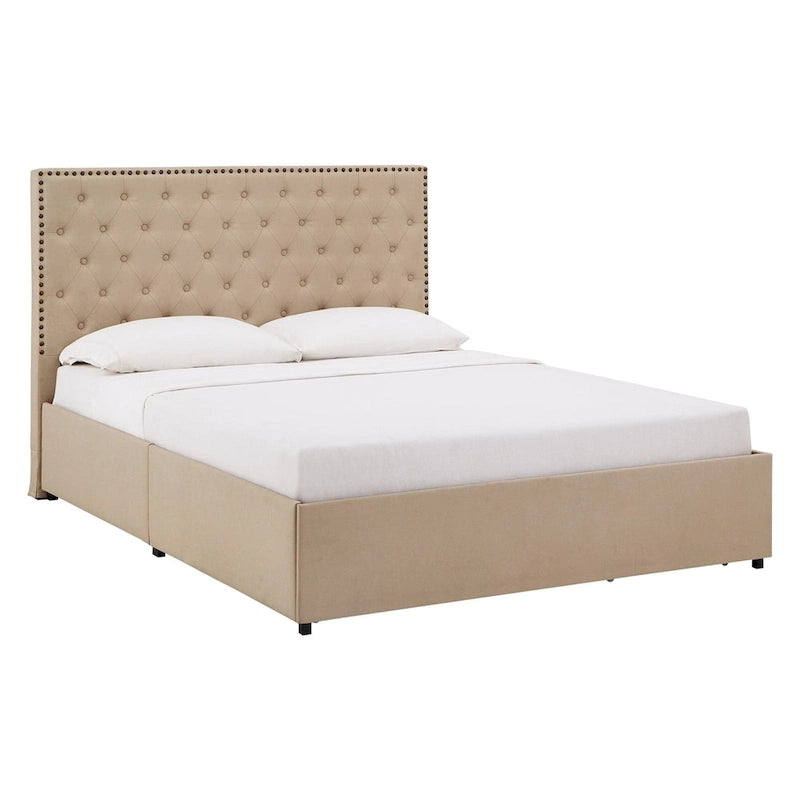 Storage Platform Bed with Tufted Linen Headboard – Beige, Bronze Nailhead Trim, Full / Queen / King