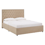 Storage Platform Bed with Tufted Linen Headboard – Beige, Bronze Nailhead Trim, Full / Queen / King