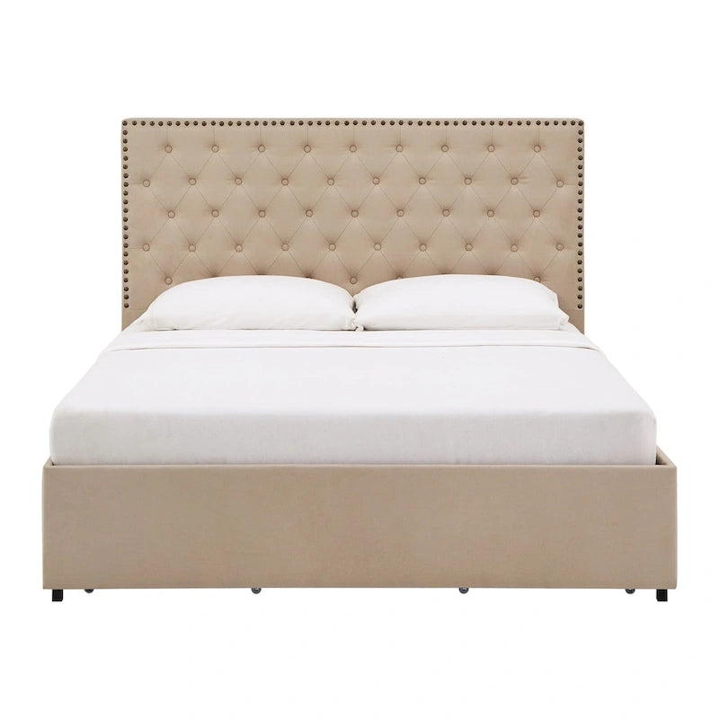Storage Platform Bed with Tufted Linen Headboard – Beige, Bronze Nailhead Trim, Full / Queen / King