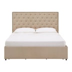 Storage Platform Bed with Tufted Linen Headboard – Beige, Bronze Nailhead Trim, Full / Queen / King