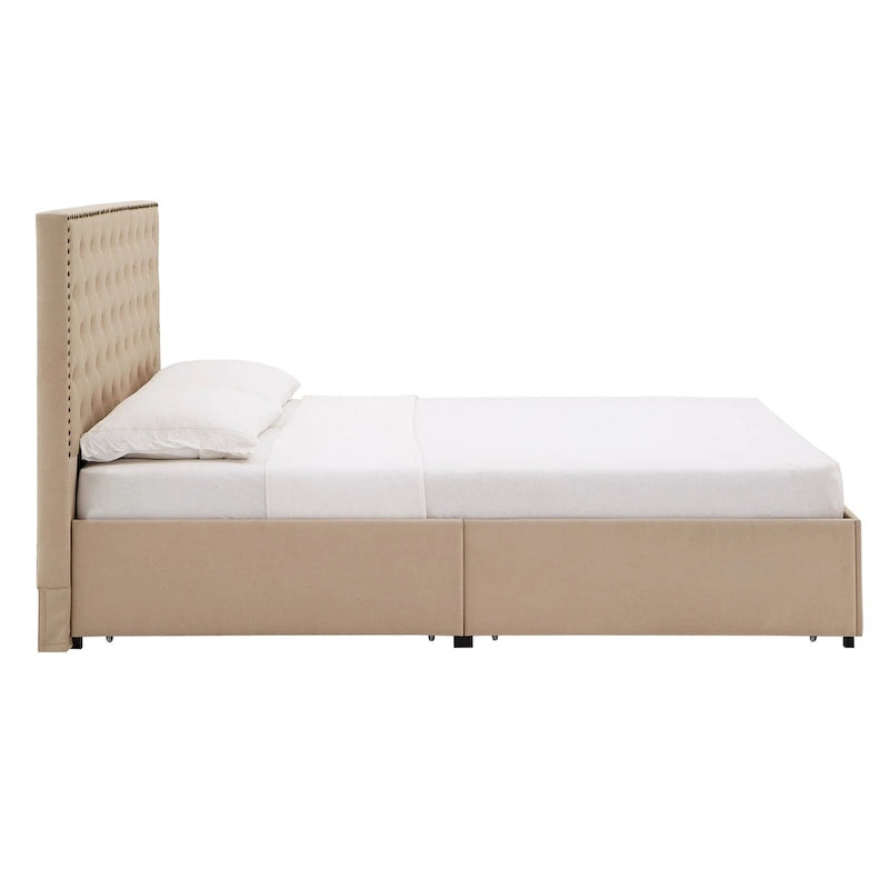 Storage Platform Bed with Tufted Linen Headboard – Beige, Bronze Nailhead Trim, Full / Queen / King