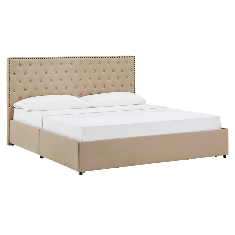 Storage Platform Bed with Tufted Linen Headboard – Beige, Bronze Nailhead Trim, Full / Queen / King