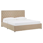 Storage Platform Bed with Tufted Linen Headboard – Beige, Bronze Nailhead Trim, Full / Queen / King