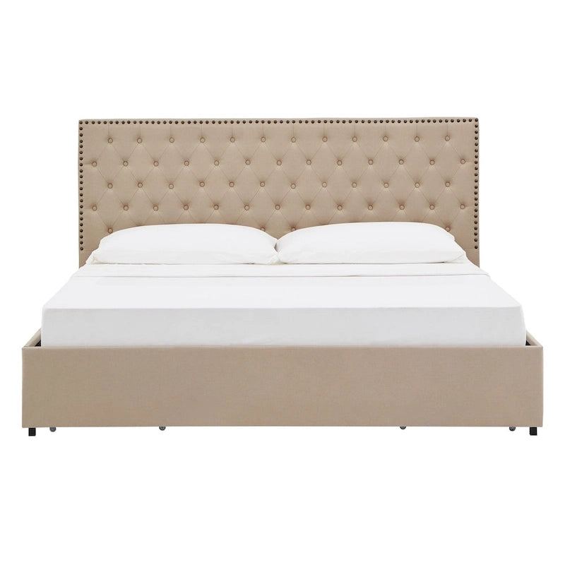 Storage Platform Bed with Tufted Linen Headboard – Beige, Bronze Nailhead Trim, Full / Queen / King