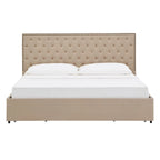 Storage Platform Bed with Tufted Linen Headboard – Beige, Bronze Nailhead Trim, Full / Queen / King
