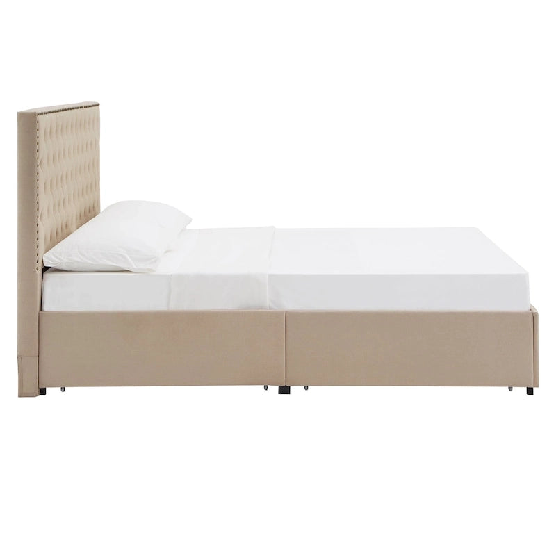 Storage Platform Bed with Tufted Linen Headboard – Beige, Bronze Nailhead Trim, Full / Queen / King