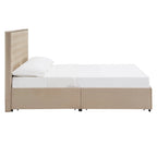 Storage Platform Bed with Tufted Linen Headboard – Beige, Bronze Nailhead Trim, Full / Queen / King