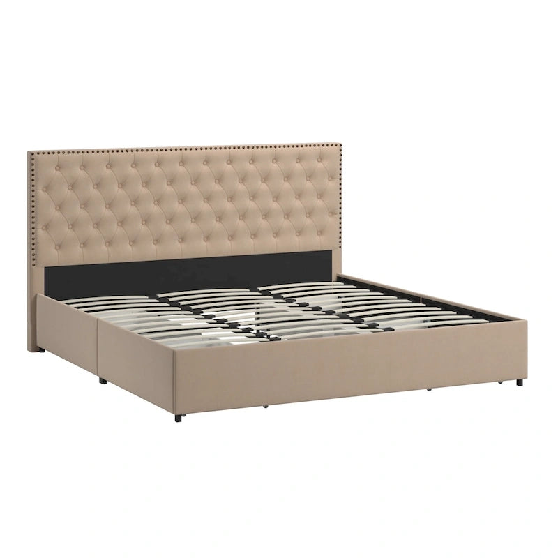 Storage Platform Bed with Tufted Linen Headboard – Beige, Bronze Nailhead Trim, Full / Queen / King