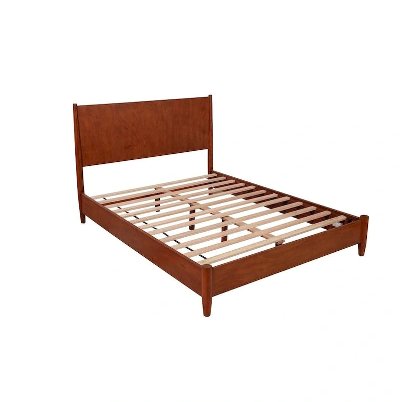 Solid Mahogany Platform Bed – Acorn Brown / White, Mid-Century Style, Full / Queen / King / Cal King
