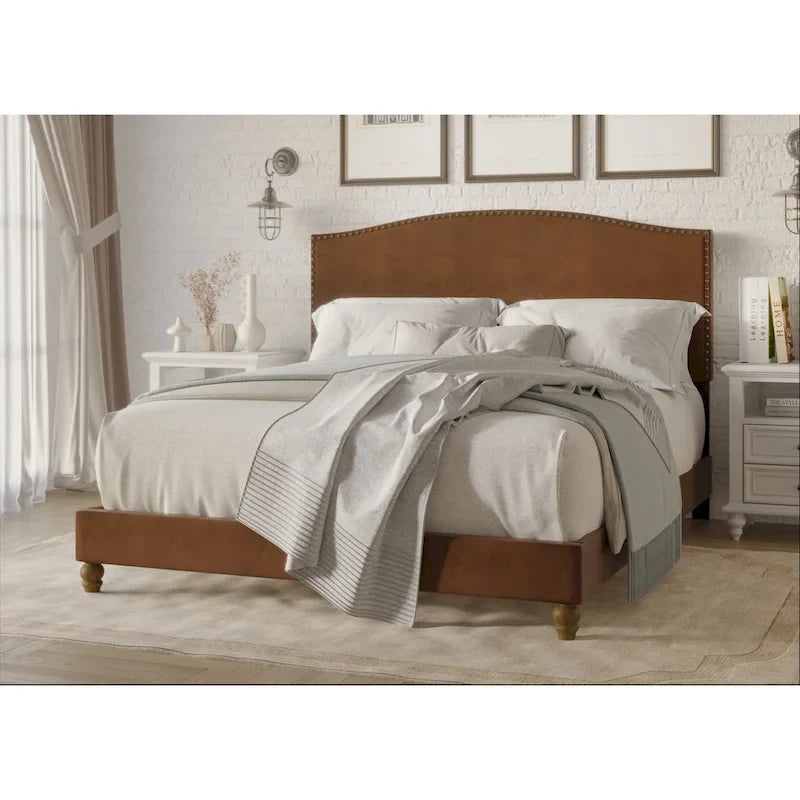 Faux Leather Platform Bed with Nailhead Trim – Brown, Headboard & Footboard, Twin / Full / Queen / King
