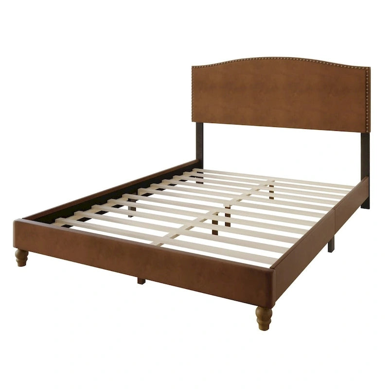 Faux Leather Platform Bed with Nailhead Trim – Brown, Headboard & Footboard, Twin / Full / Queen / King