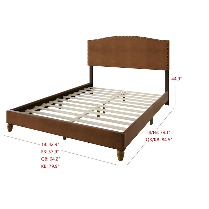 Faux Leather Platform Bed with Nailhead Trim – Brown, Headboard & Footboard, Twin / Full / Queen / King
