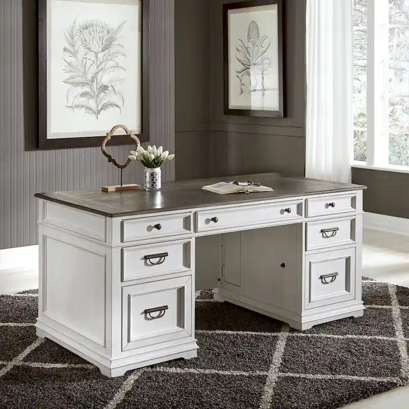 Jr. Executive Desk with 2 Locking File Drawers & Keyboard Tray – Charcoal & White, Pine & Oak Veneer, Single