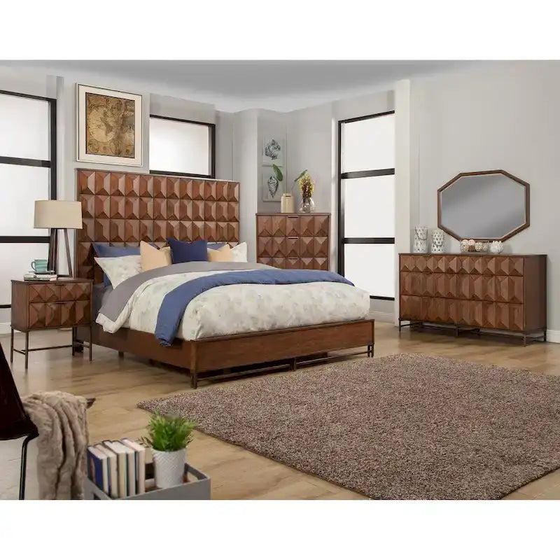 Panel Bed with Oversized Headboard – Mahogany Brown, Pine Solids & Veneer, Bronze Legs, Queen / King / Cal King
