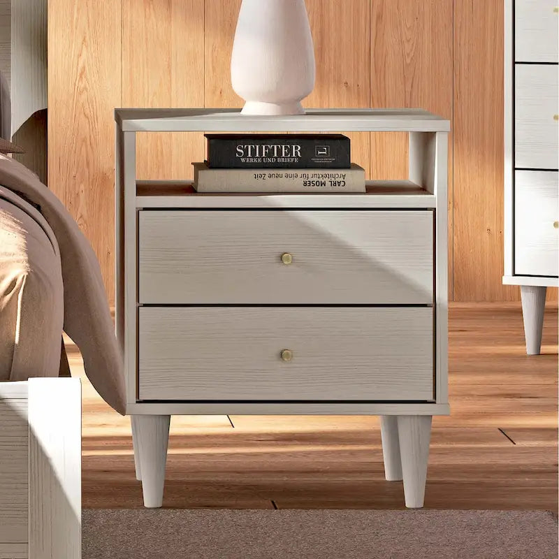 2-Drawer Nightstand with Open Shelf – Brushed Walnut / Brushed White, Solid Wood, Cone Legs, Single