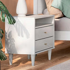 2-Drawer Nightstand with Open Shelf – Brushed Walnut / Brushed White, Solid Wood, Cone Legs, Single