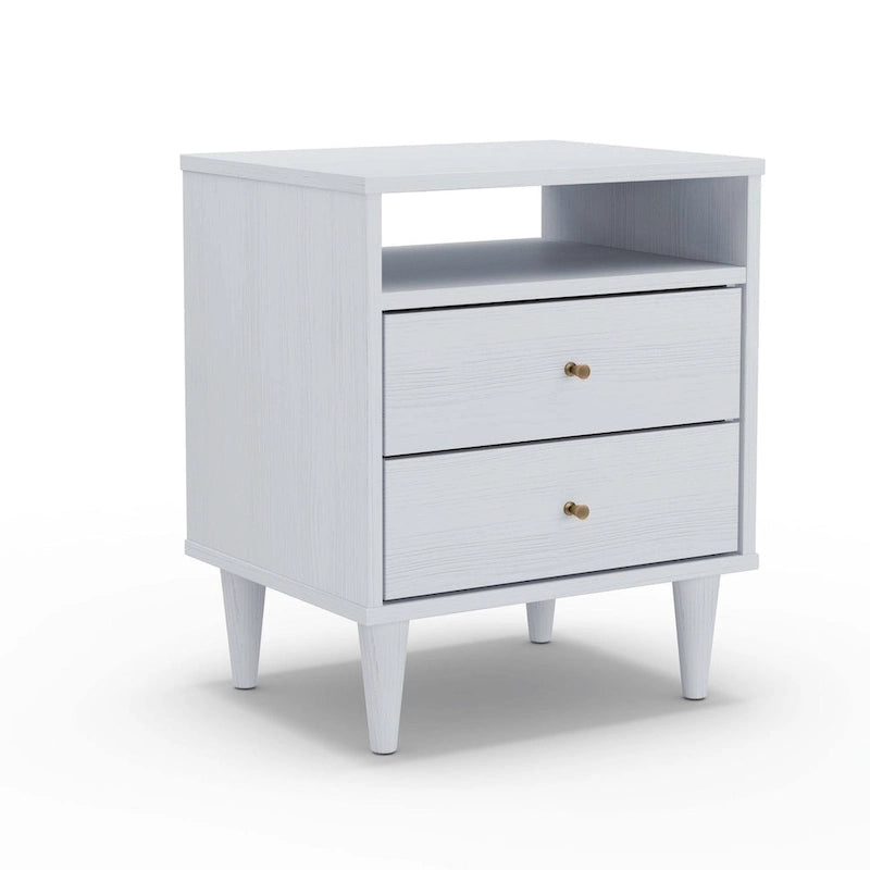 2-Drawer Nightstand with Open Shelf – Brushed Walnut / Brushed White, Solid Wood, Cone Legs, Single