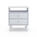 2-Drawer Nightstand with Open Shelf – Brushed Walnut / Brushed White, Solid Wood, Cone Legs, Single