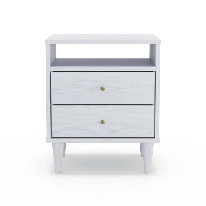 2-Drawer Nightstand with Open Shelf – Brushed Walnut / Brushed White, Solid Wood, Cone Legs, Single