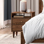 2-Drawer Nightstand with Open Shelf – Brushed Walnut / Brushed White, Solid Wood, Cone Legs, Single