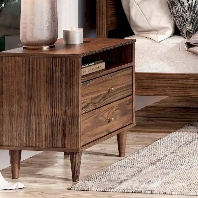 2-Drawer Nightstand with Open Shelf – Brushed Walnut / Brushed White, Solid Wood, Cone Legs, Single