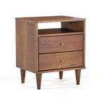 2-Drawer Nightstand with Open Shelf – Brushed Walnut / Brushed White, Solid Wood, Cone Legs, Single